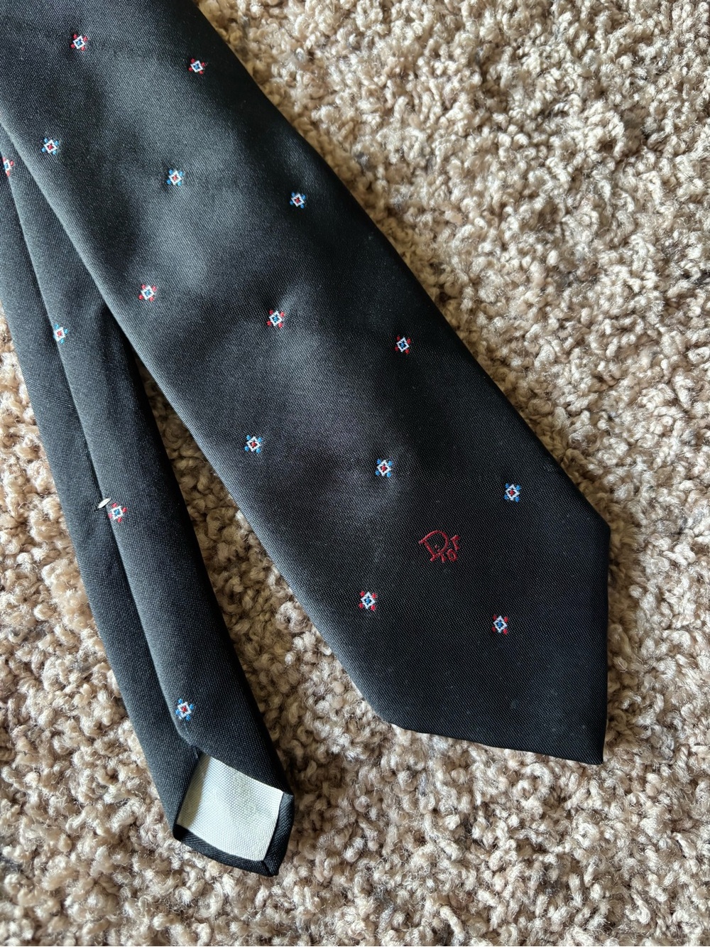 Vintage Y2K Christian Dior Black Tie with Red Logo and Blue Accent Motifs